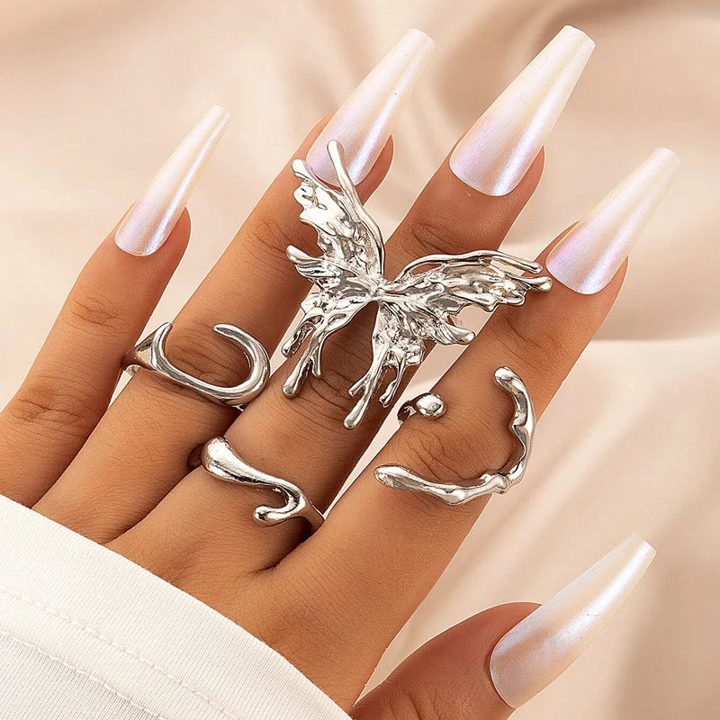 Tocona INS Big Butterfly Joint Ring Sets for Women Silver Color Geometry Alloy Metal Opening Ring Party Jewelry Anillo 22381