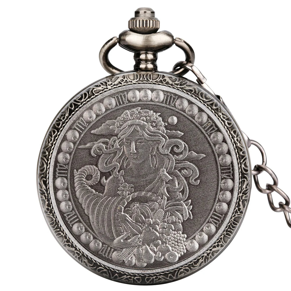Retro Gray 12 Constellations Astrology Pattern Quartz Pocket Watch Necklace Chain Birthday Gifts Pendant Watch for Friend Unisex