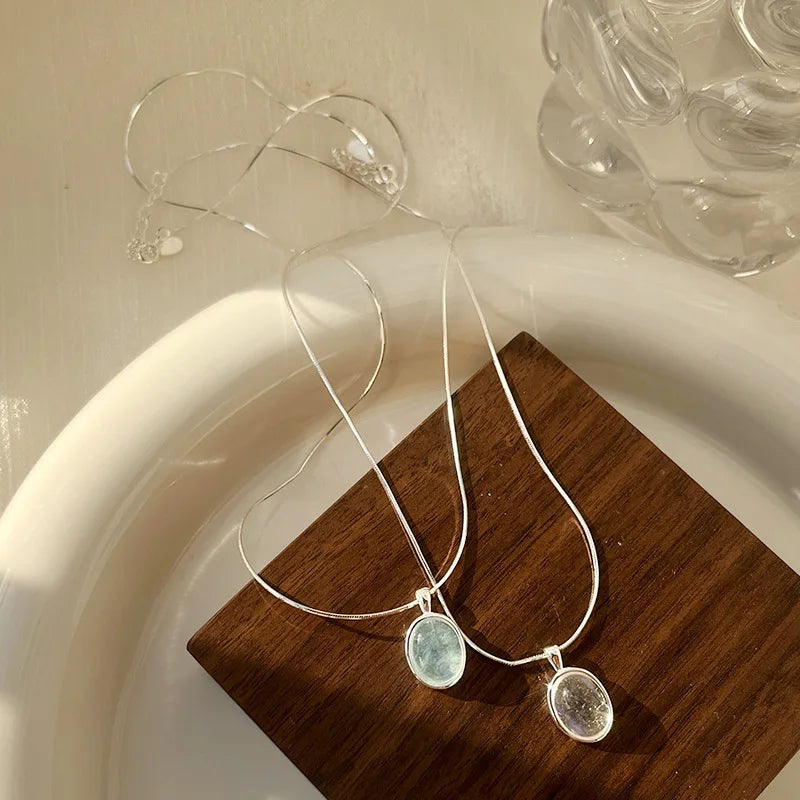 CHOZON S925 Sterling Silver Natural Moonstone Aquamarine Necklace New Product Unique Design Oval Natural Stone Snake Bone Chain