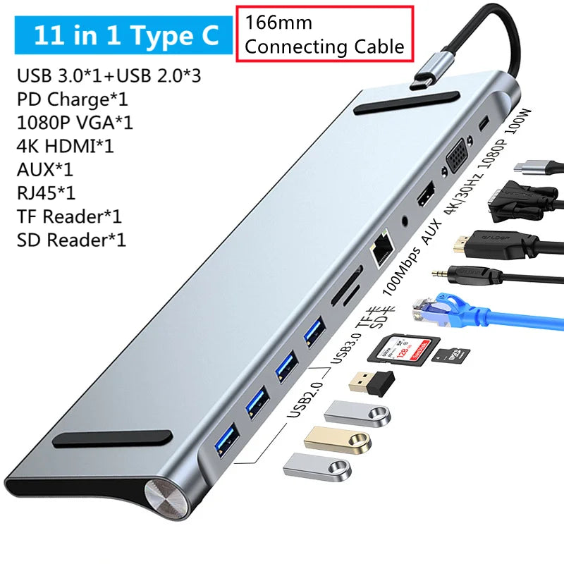 8/11/12-in-1 Type C Dock USB C Hub 3.0 Splitter Multiport Adapter 4K HDMI RJ45 SD/TF VGA HDMI PD for Laptop MacBook iPad xiaomi