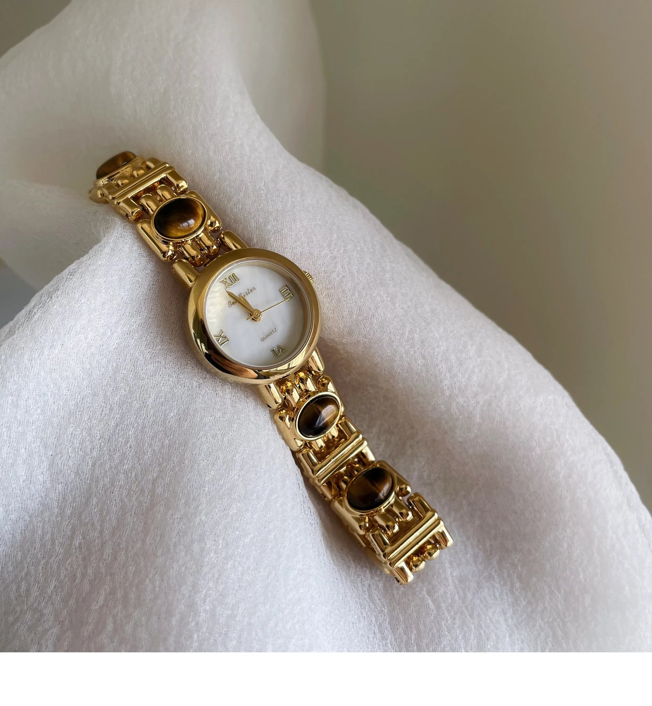 NEW Elegant Retro Watch Women Natural Brown Gemstone Jade Waterproof Round Dial Quartz Watch Female Bracelet Accessories Gift