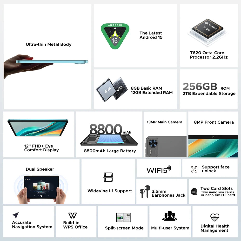 Global Version DOOGEE T36 Android Tablet 15 8 + 256GB IPS Display Unisoc T620 Octa Core 8800mAh Battery Widevine L1