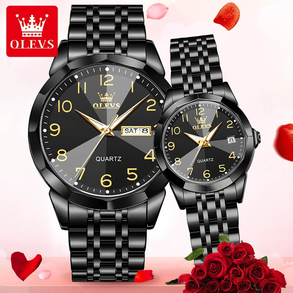 OLEVS 9970 Couple Watch Classic Digital Dial Stainless Steel Rhombus Mirror Luxury Top Quartz Watches for Men Women Lover's Gift