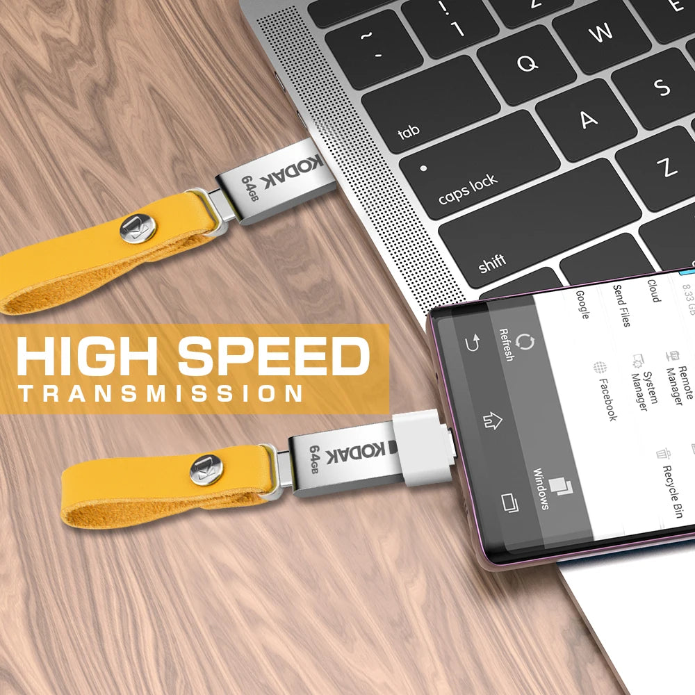KODAK USB 2.0 Flash Drive H2testw 32GB 64GB 128GB Pendrive Waterproof Memory Stick Leather Landyard Metal U Disk + Type-c Reader