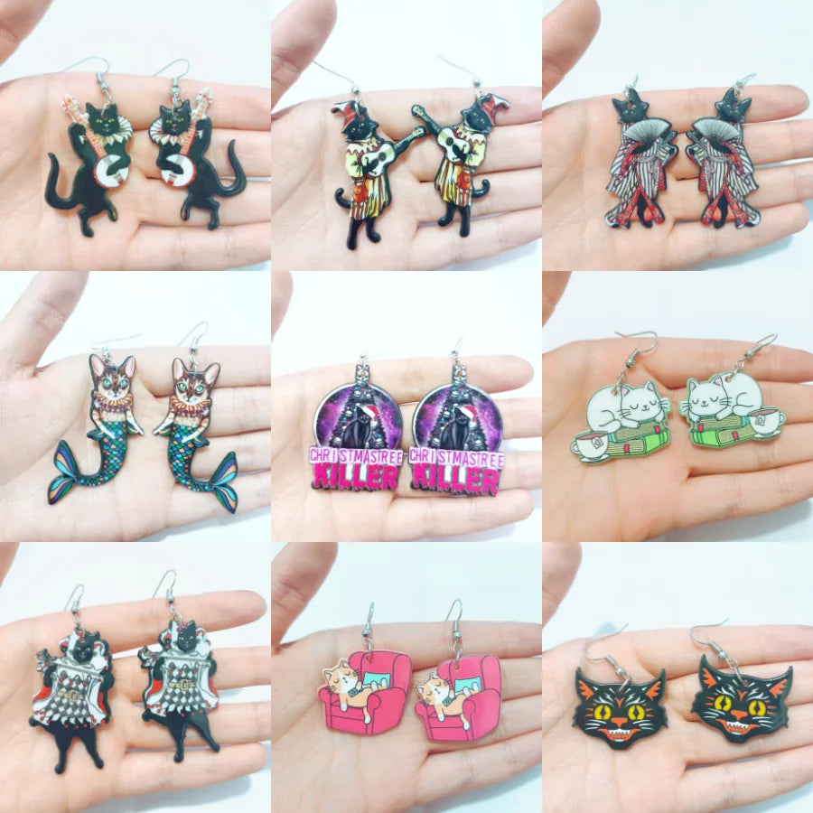 Double Sides Acrylic Cat Mermaid Guitar Earrings for Women Colored Doughnut Coffee Pendant Ear Ring Halloween Christmas Gift