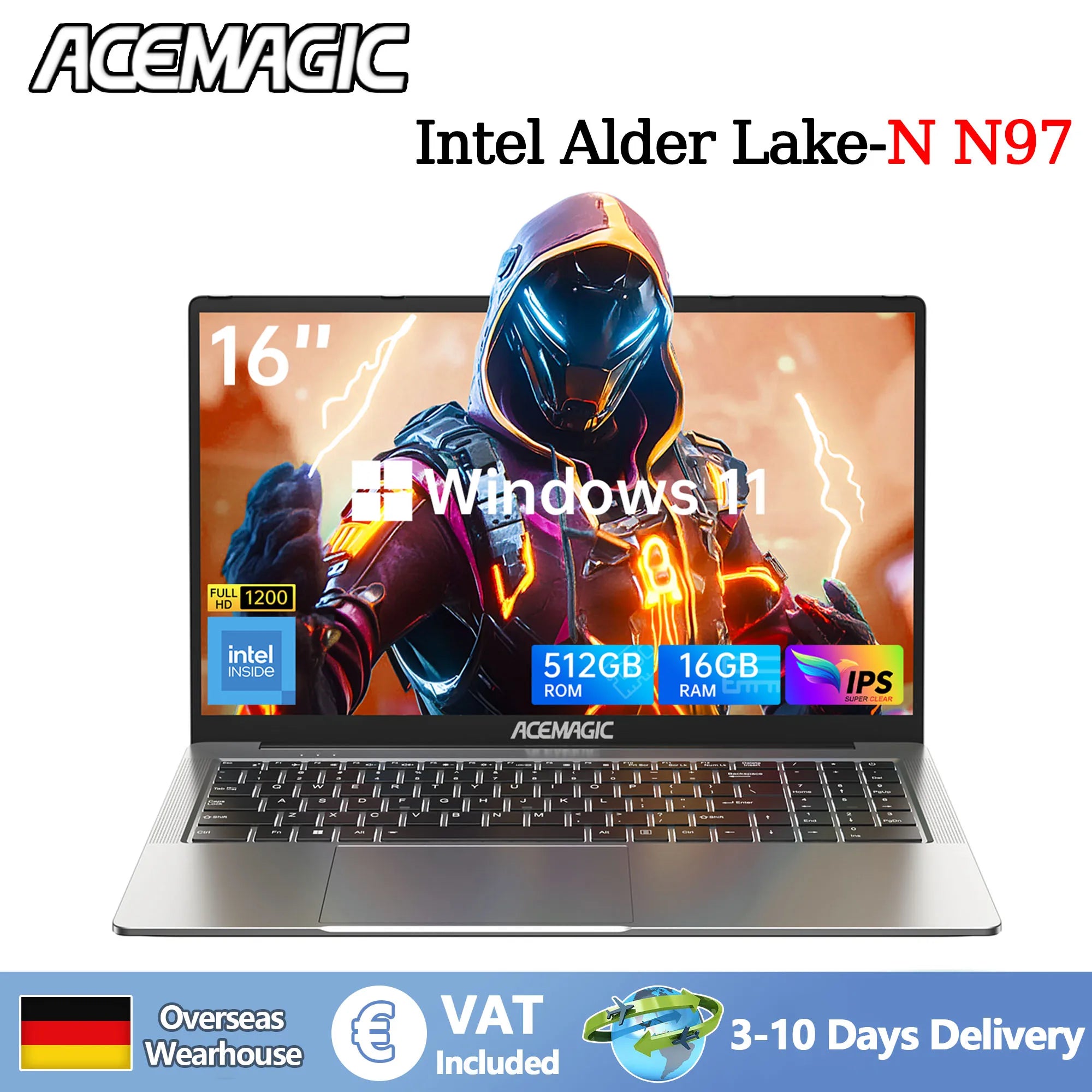 ACEMAGIC 16" Ultra Slim Laptop 16GB RAM 512GB SSD Intel N97 Notebook Gamer 1920*1080 Display Office Study Computer PC Windows 11