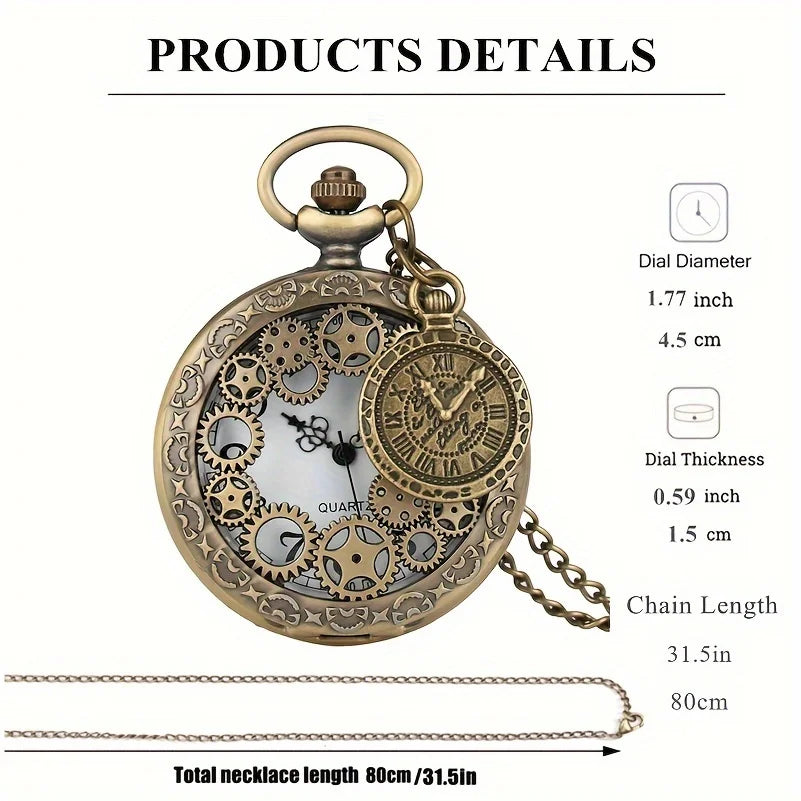 Retro Bronze Hollow Gear Carved Quartz Pocket Watch Necklace Pendant Clock Chain Memorial Gift for Men Women Reloj Hombre