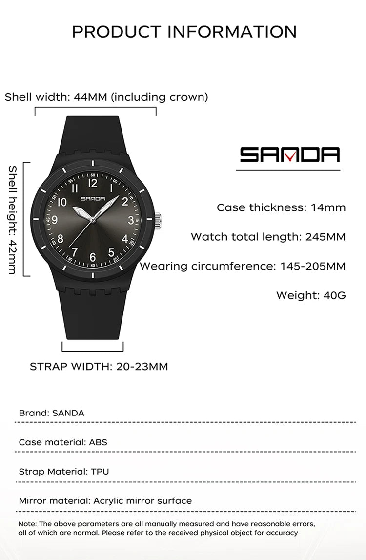 SANDA 9075 Casual Student Quartz Watch Simple Waterproof Silicone Strap Night Light Fashion Girls and Boys Watch Simple Daily