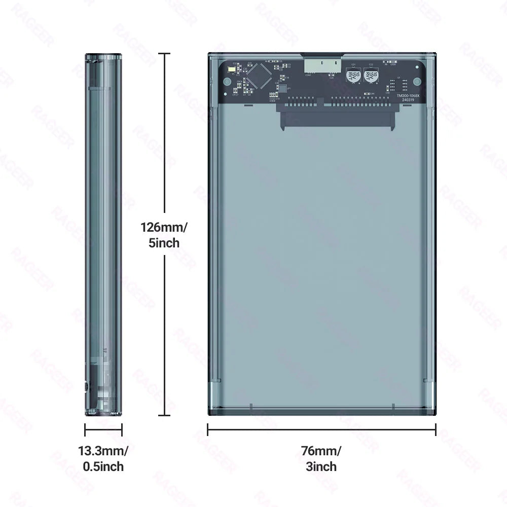 RAGEER Tool-Free Transparent Gray 2.5'' External Hard Drive Enclosure USB to SATA III 5Gbps HDD Case for 7mm/9.5mm Drives w/UASP