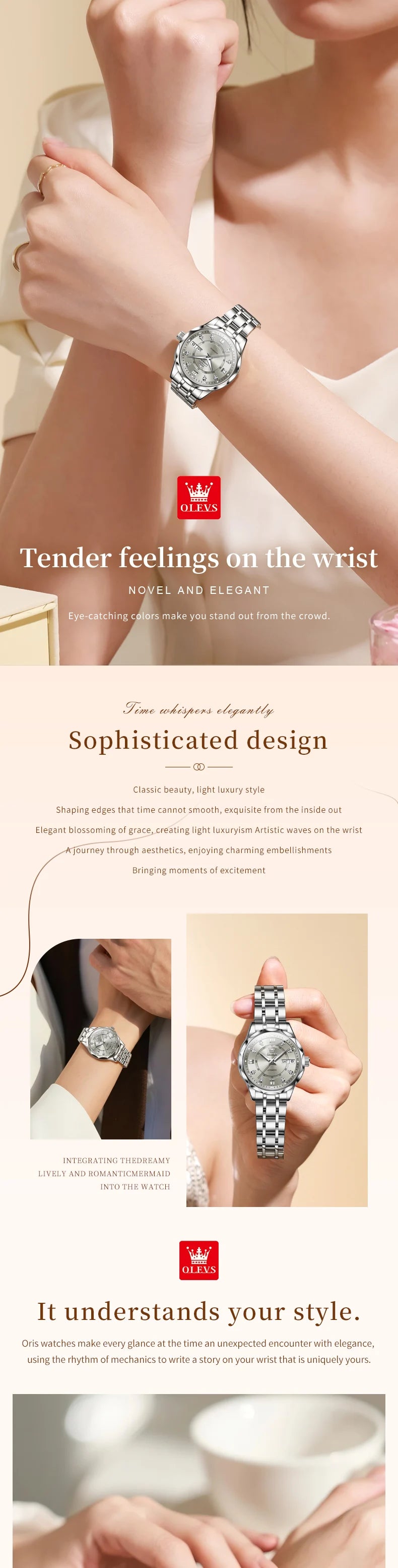 OLEVS 6727 Women's Watches Elegant Fashion Original Automatic Mechanical Watch for Lady Grey Double Scale Dial Waterproof Date