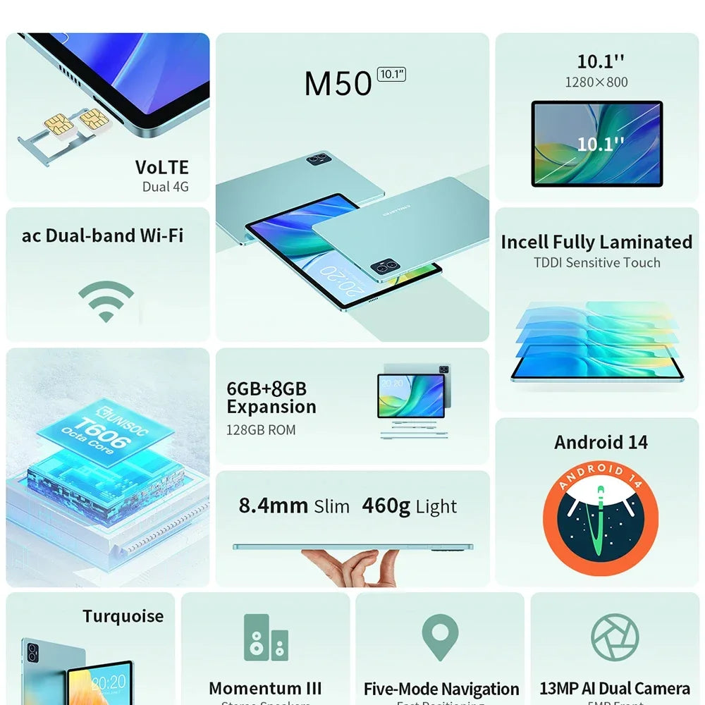 Teclast M50 10,1 inch TDDI Incell x 800 Android 14 Tablet (6 + 6) 12GB RAM GB ROM Unisoc T606 8 core ducal SIM 4G phone case