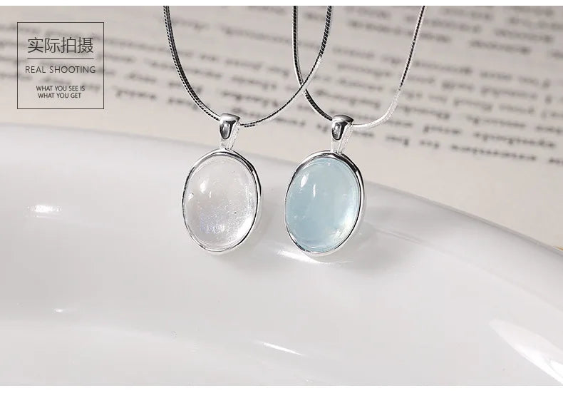 CHOZON S925 Sterling Silver Natural Moonstone Aquamarine Necklace New Product Unique Design Oval Natural Stone Snake Bone Chain