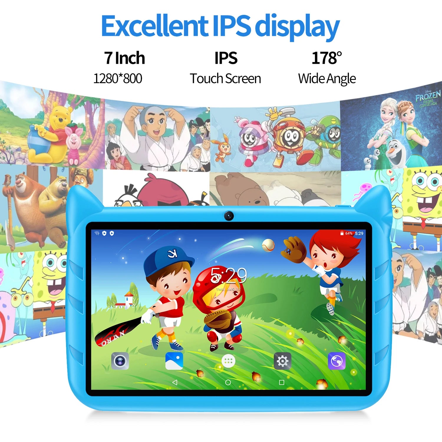 New 7" Kids Tablet with Cartoon Pattern Quad Core 4GB+64GB ROM Bluetooth 5G WiFi Learning Education Game Children's Gift