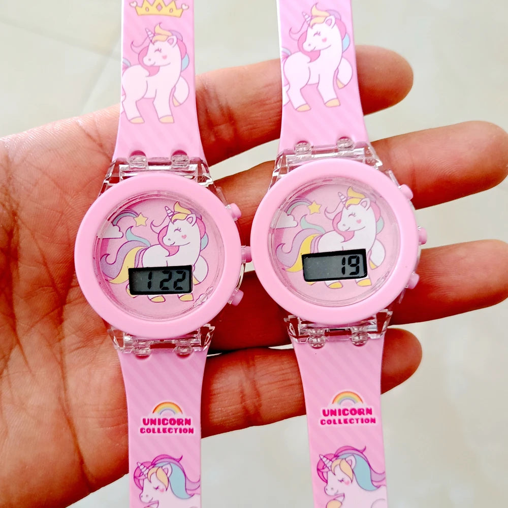 Cartoon Unicorn Collection Rainbow Printed Rubber Girls Kids Children Students Digital Flash Light Glow Up Party Gifts Watches
