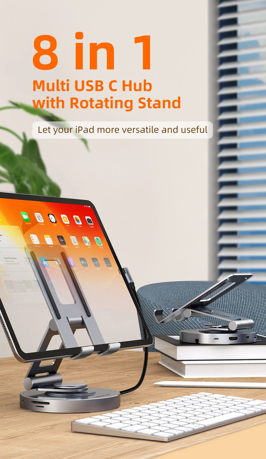 CABLETIME 8 in 1 Multi USB C Hub with 360 Rotating Stand HDMI 4K 60Hz PD 100W USB 5Gbps SD TF Aux 3.5mm for iPad Pro Tablet C441