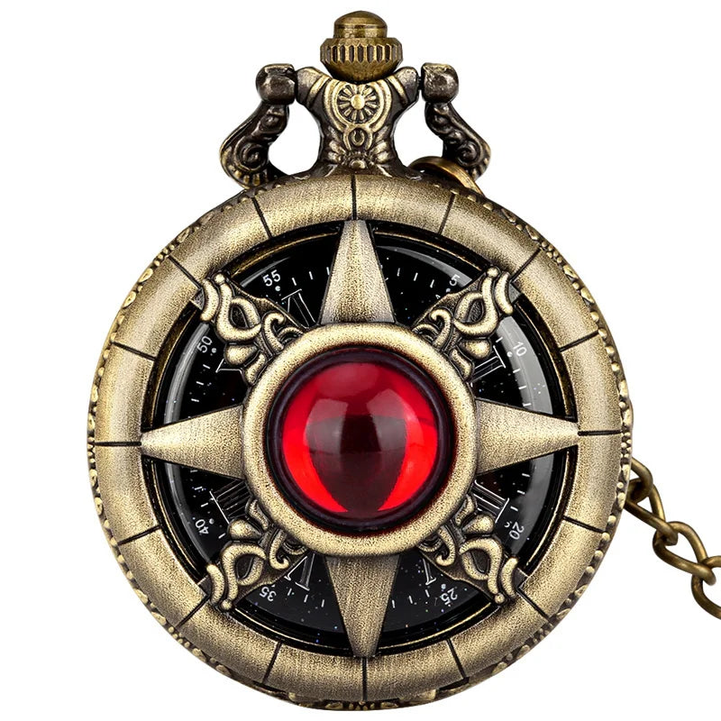 Exquisite Emerald-green Stone Bronze Case Quartz Pocket Watch Simple White Dial Chain Clock Necklace Pendant Watch for Men Women
