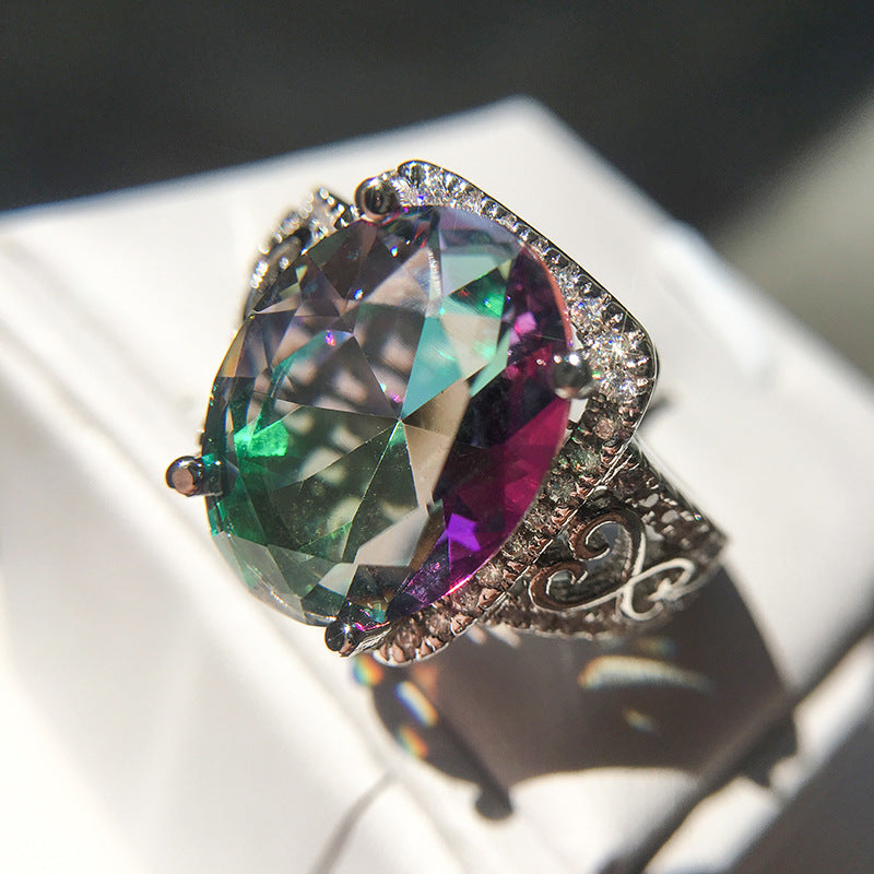 2022 NEW Personality Rainbow Stone Sea Blue Zircon Ring Hot Sale Creative Mosaic Colorful Gem Jewelry Women Men