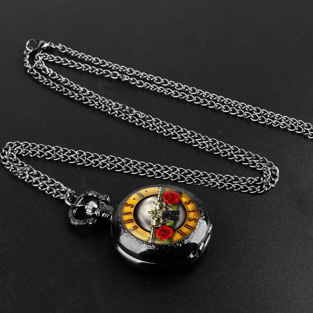 Unique Design Rose with Two Guns Quartz Pocket Watches Men Watch Women's Jewelry Fashion Necklace Pendant Clock Children Gifts