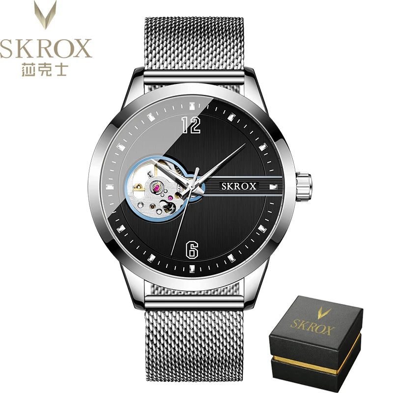 SKROX Elegant Luminous Waterproof Automatic Clockwork Tourbillon Skeleton Mechanical Men's Watch Mesh strap Luxury Wrist Watches