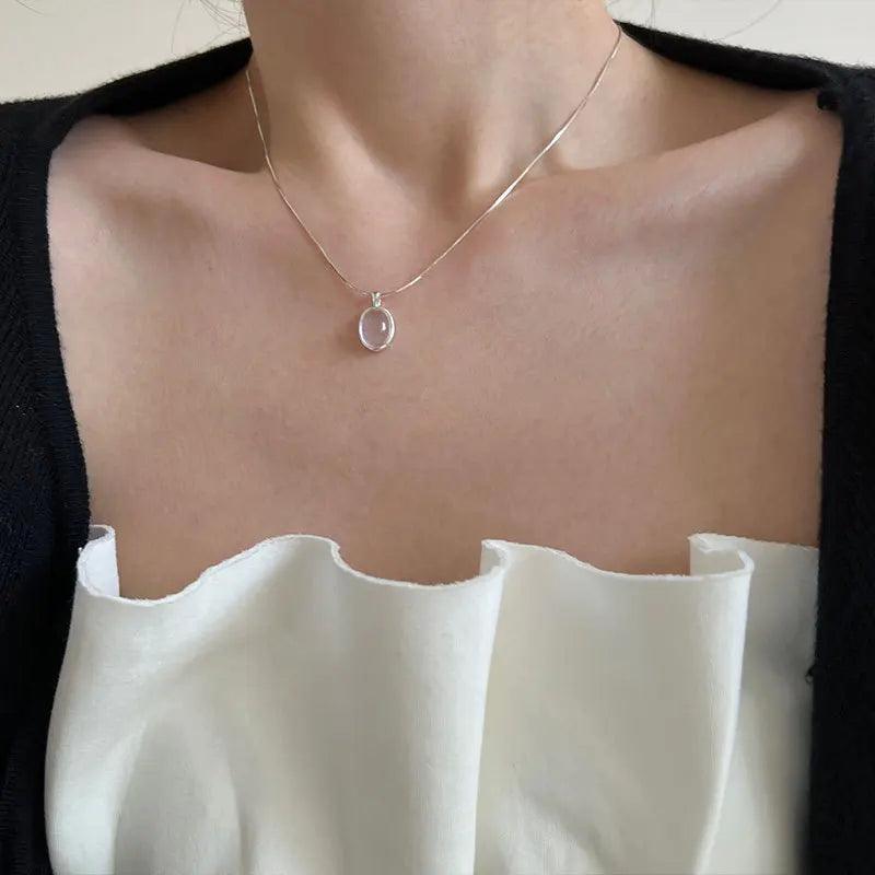 CHOZON S925 Sterling Silver Natural Moonstone Aquamarine Necklace New Product Unique Design Oval Natural Stone Snake Bone Chain
