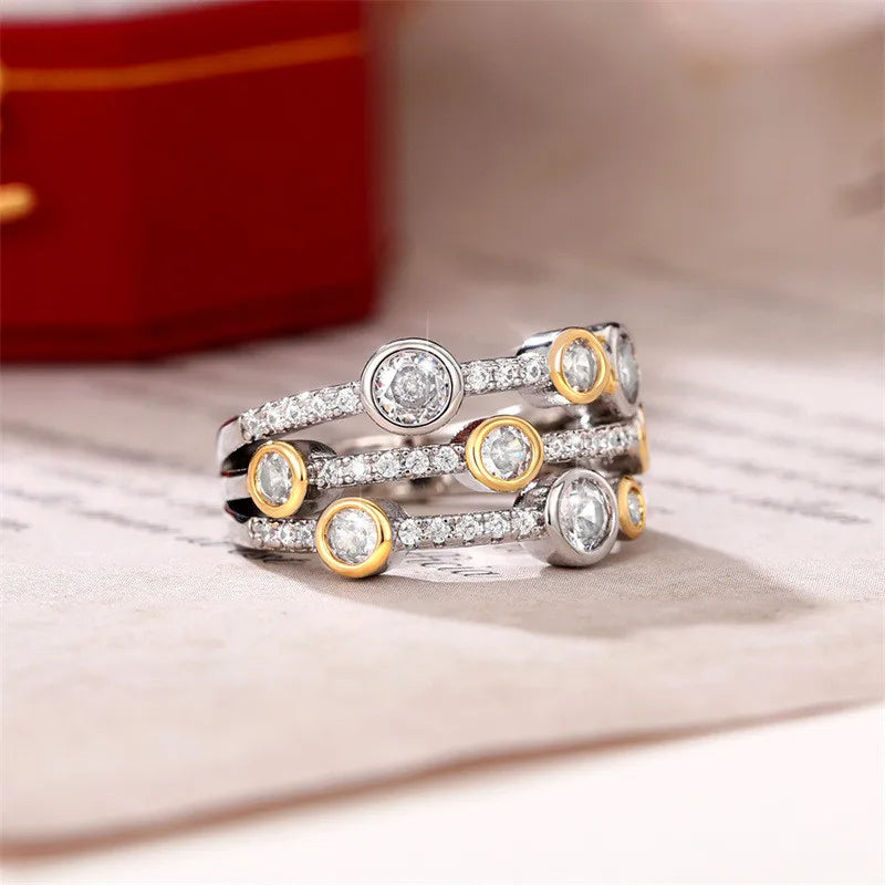 925 Sterling Silver Two Tone Three Line Rings Women Full Paved CZ Sparkling Female Wedding Bands Rings Fashion New Jewelry
