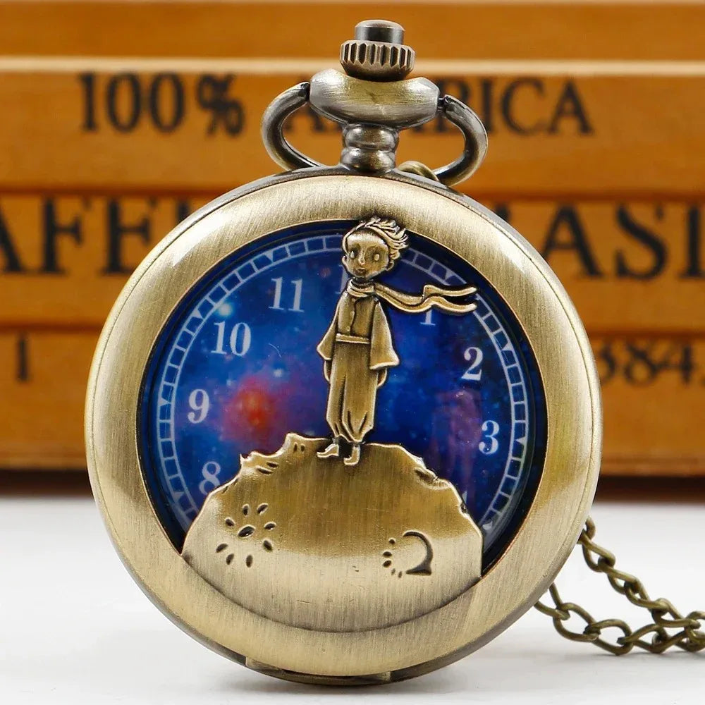 Nice Gifts Classic Blue Planet Bronze Vintage Quartz Pocket FOB Watch with Chain Popular Gifts for Boys Girls Kids