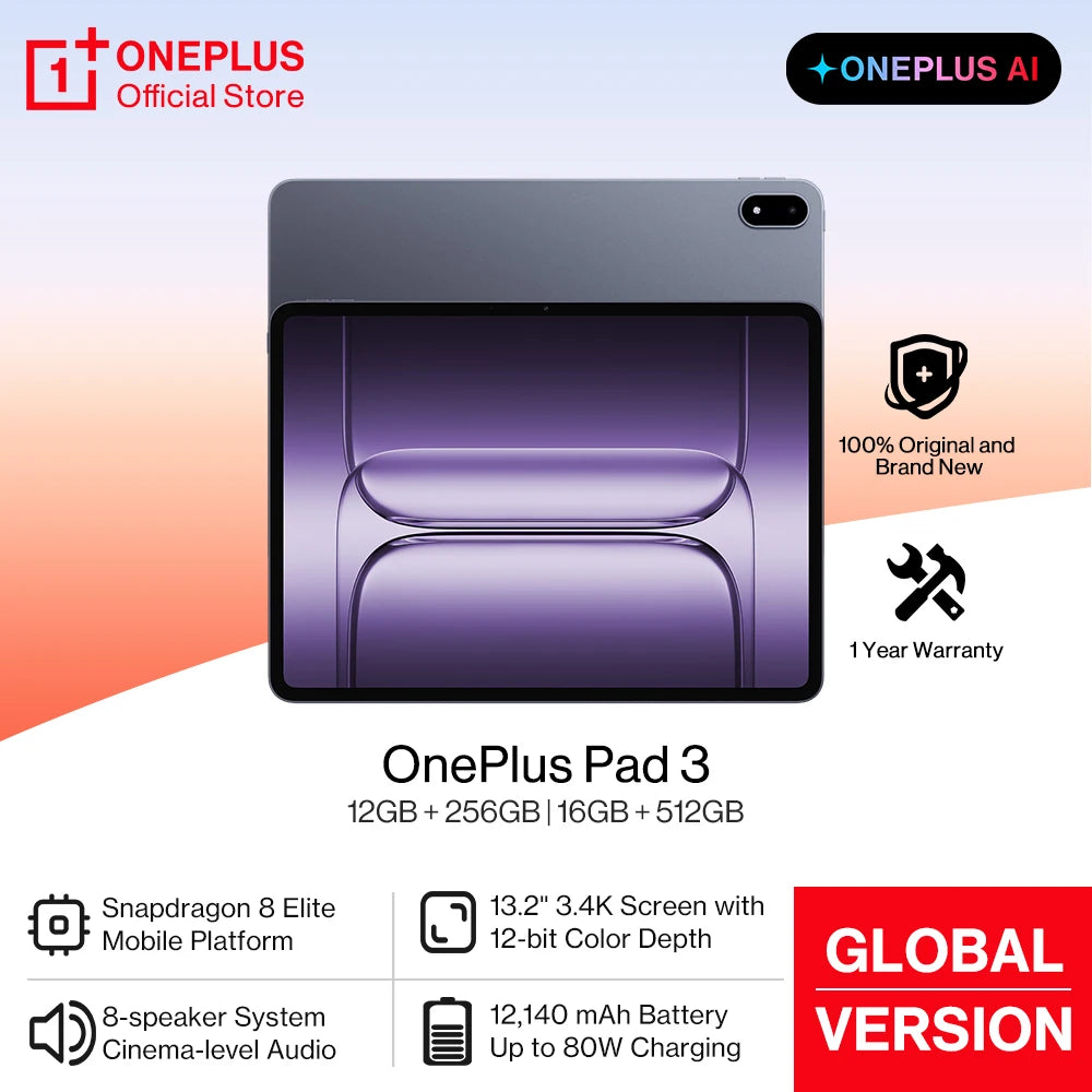 All New OnePlus Pad 3 Global Version Tablet Snapdragon 8 Elite 13.2" 144Hz Display 3.4K Resolution 8 Speakers Wi-Fi 7 Android 15