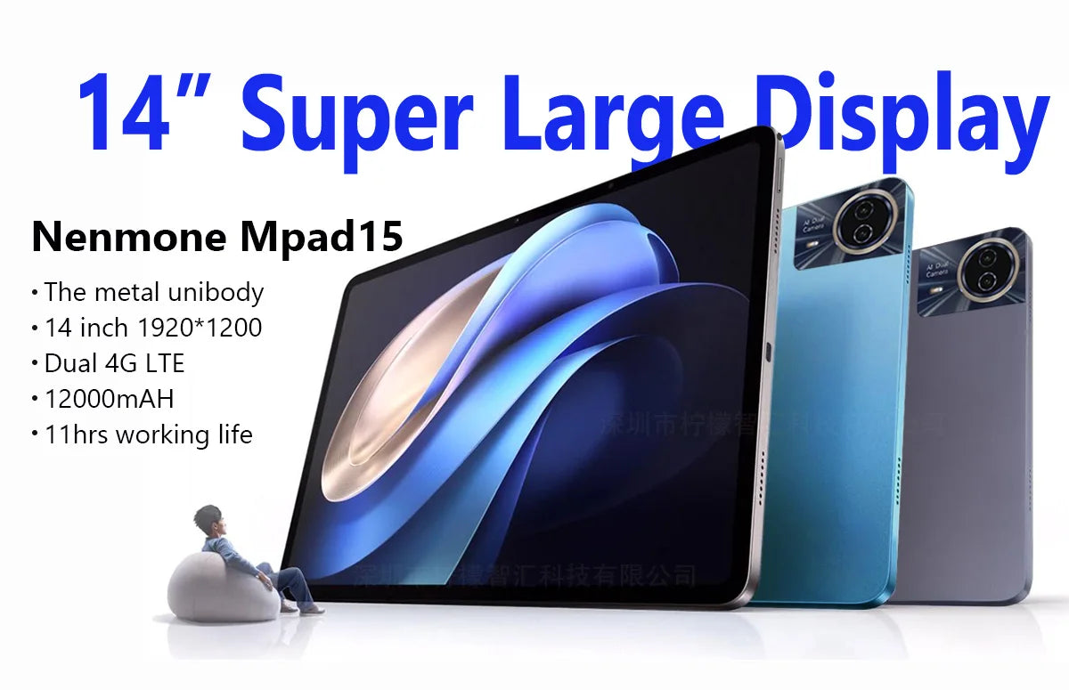 Nenmone Mpad15 Real 14" FHD Display Android 14 Tablet 14 Inch 4G LTE Unisoc T616 Octa Core 16GB RAM 512GB ROM 12000mAh Battery