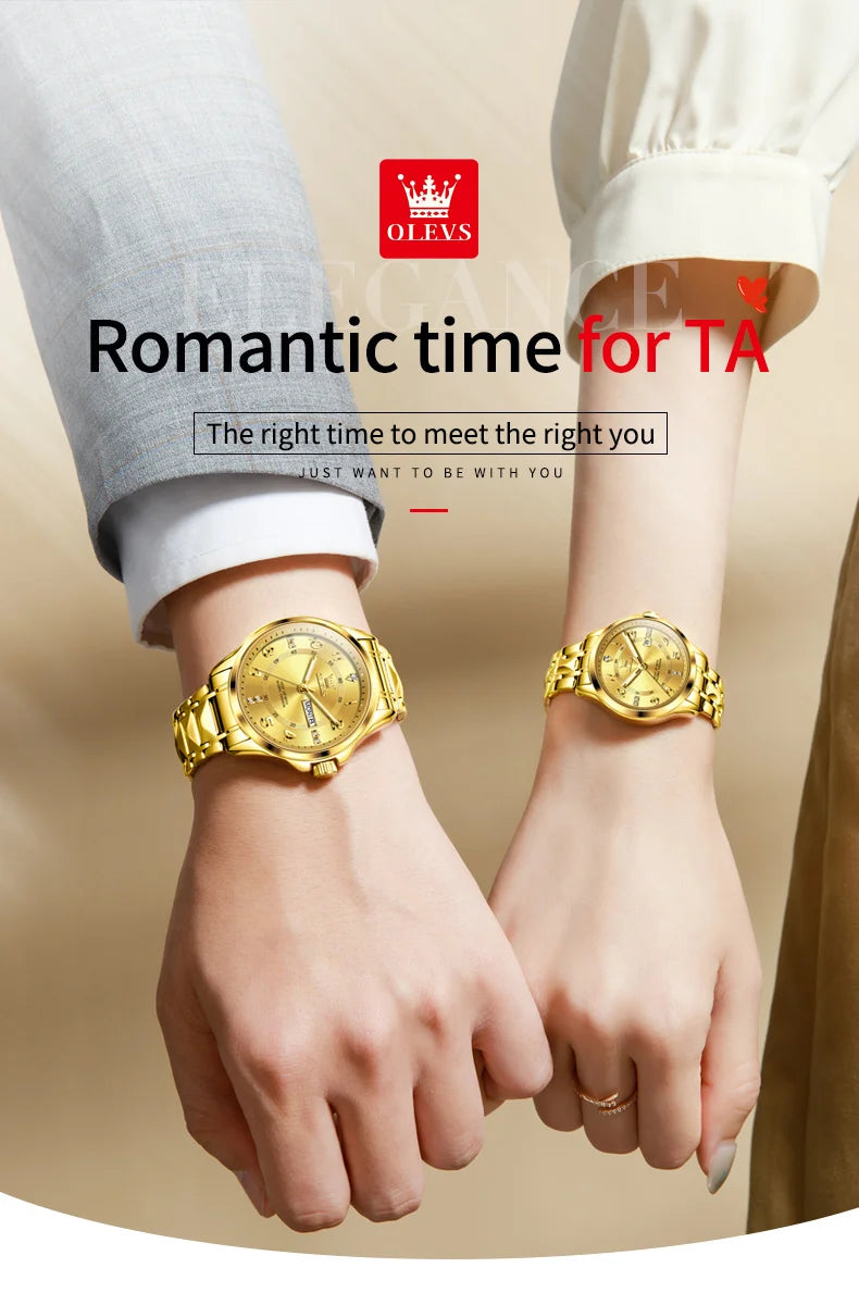 OLEVS 2910 Watch For Men Women Luxury Quartz Couple Watches Waterproof Stainless Steel Hand Clock Diamond Number Dial Wristwatch