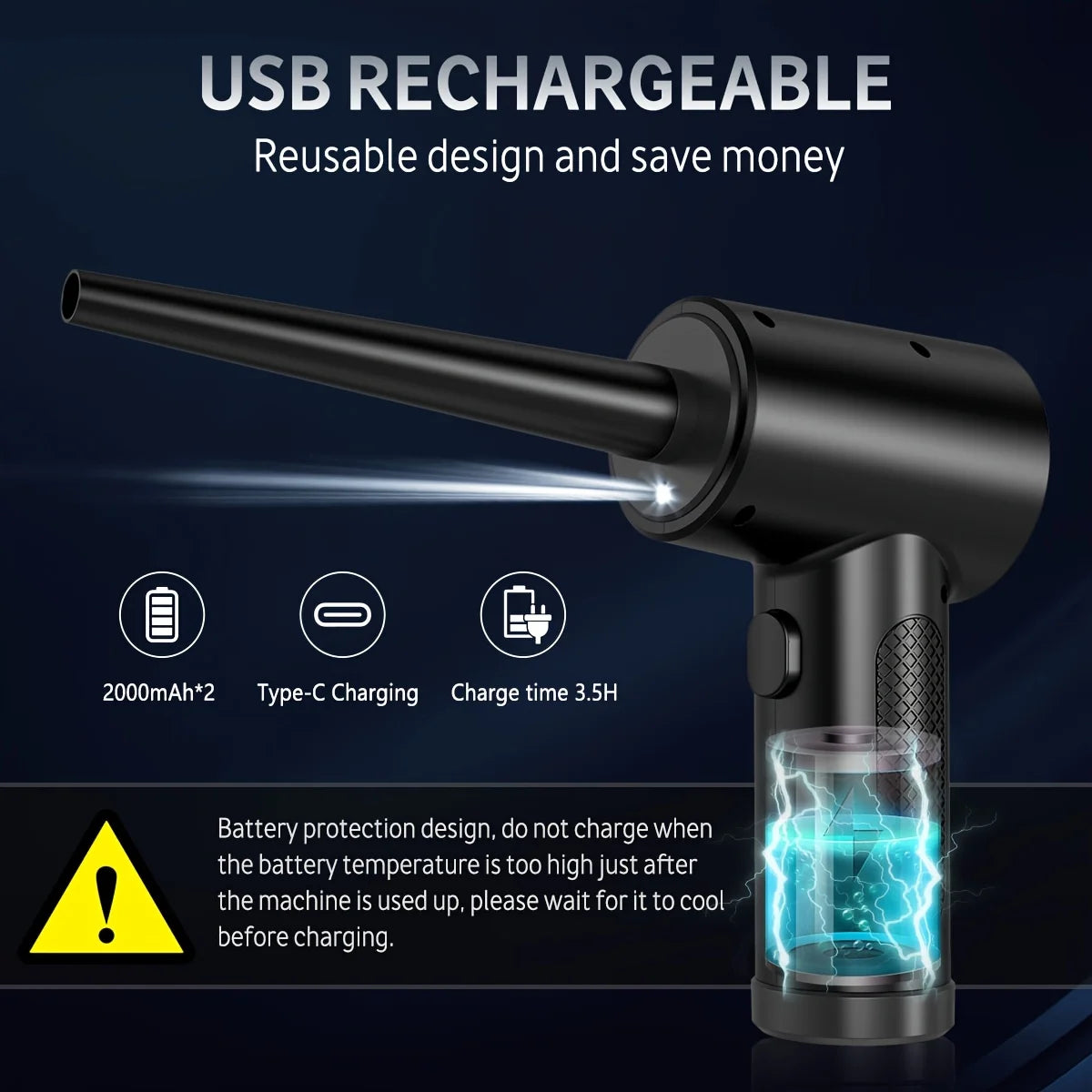 Compressed Air Dust Collector - Mini Hair Dryer - Keyboard Cleaner - 51000Turn/Minutes - Refillable Air Canister - 2000mAhRechar