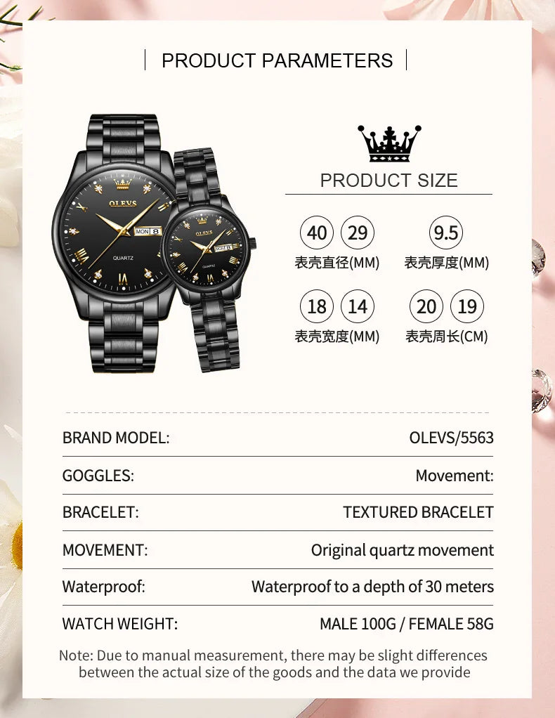 OLEVS 5563 Couple Watch Original Luxury Quartz Wristwatch for Men and Women Elegant Fashion Dual Calendar Waterproof Hand Clock
