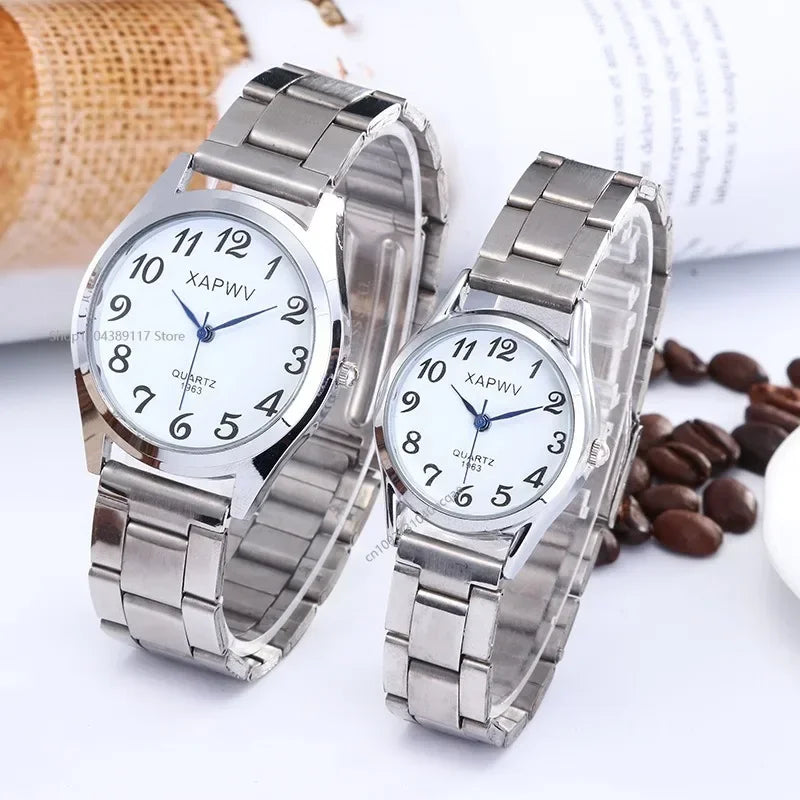 Man Women Couple Wrist Watches Stainless Steel Band Alloy Lovers Business Quartz Movement Wristwatch Elastic Strap Band Watch