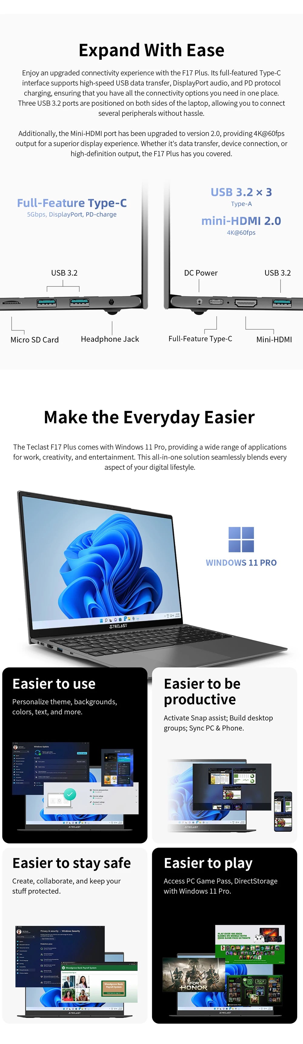 TeclastF17PlusLaptop 17.316GBRAM512GB SSDIntel N95 Windows11ProNotebook180°FlipLaptopsComputerBacklitKeyboardminiHDMIUSB3.2x3