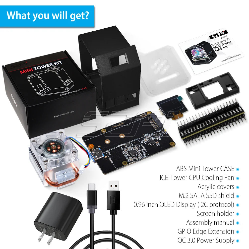 52Pi Raspberry Pi 4 Model B ABS Mini Tower NAS Kit with Ice Tower 0.96 Screen Dispaly for Raspberry Pi 4B