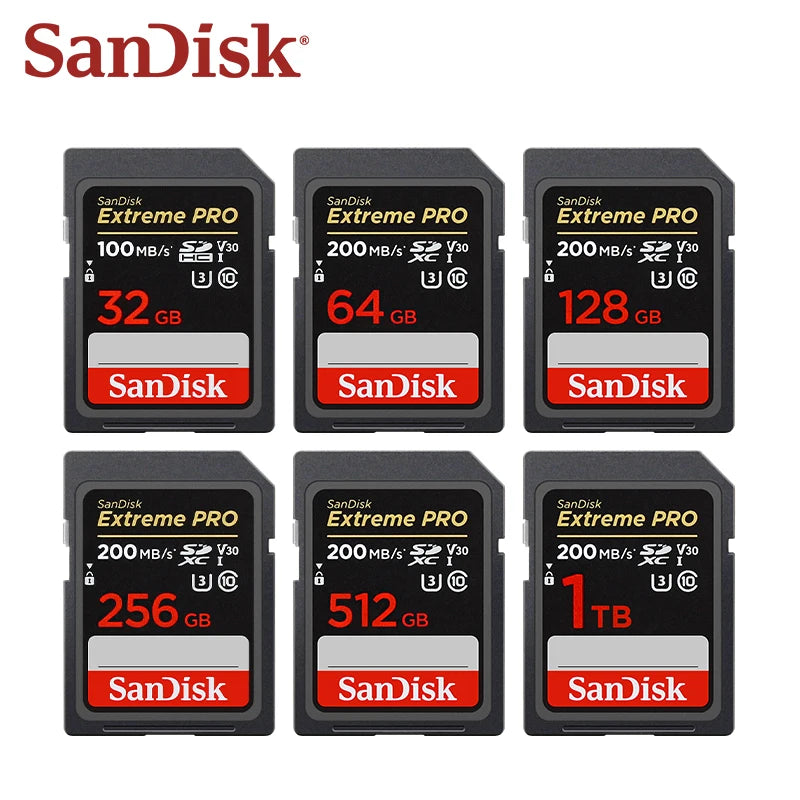 SanDisk Extreme PRO UHS-I Card 64GB 128GB 256GB 512GB 1TB Up to 200MB/s SD Card 32GB Up to 100MB/s Flash Memory Card for Camera