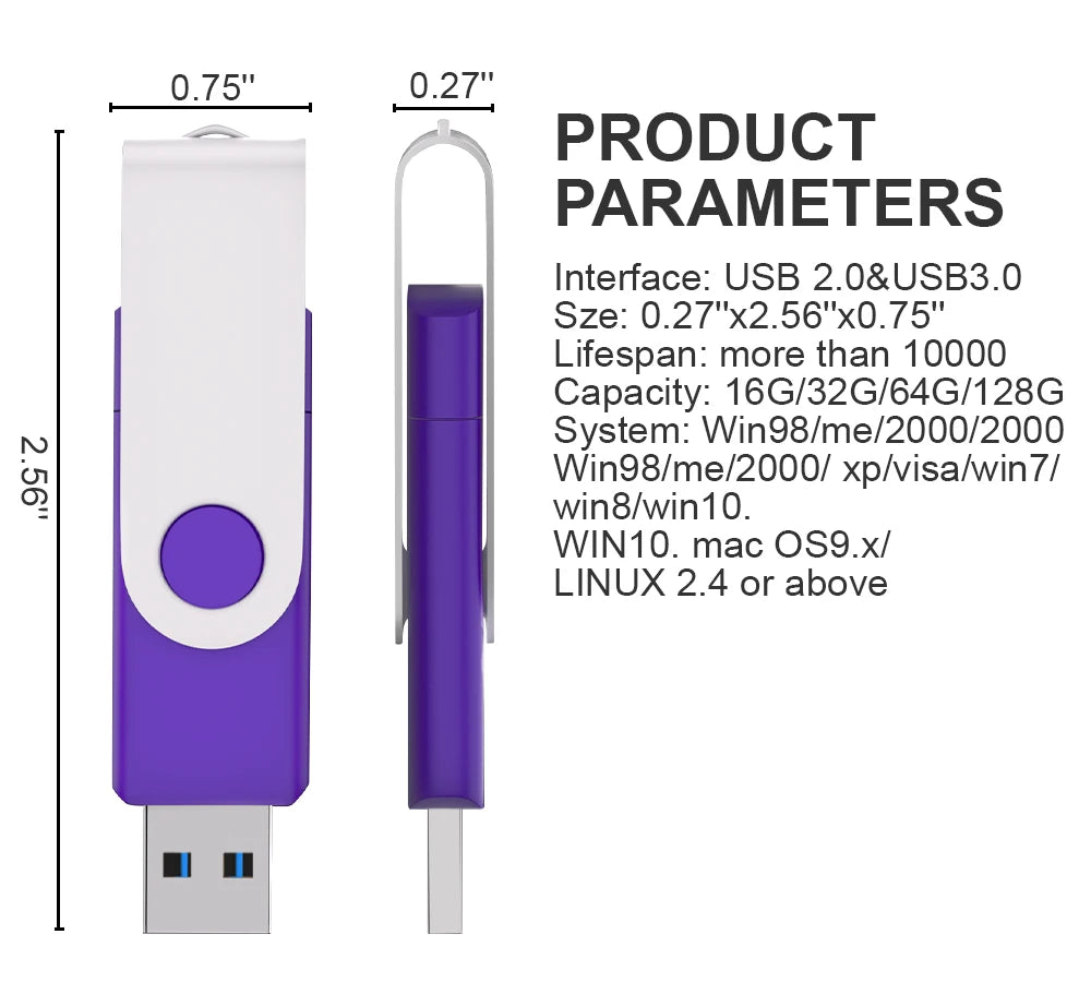 Rotable Usb 3.0 Type C Flash Drive 128GB 32GB 16GB Pen Drive high-capacity Pendrive 64GB 4G OTG 2 IN 1 Creative gift Usb Stick