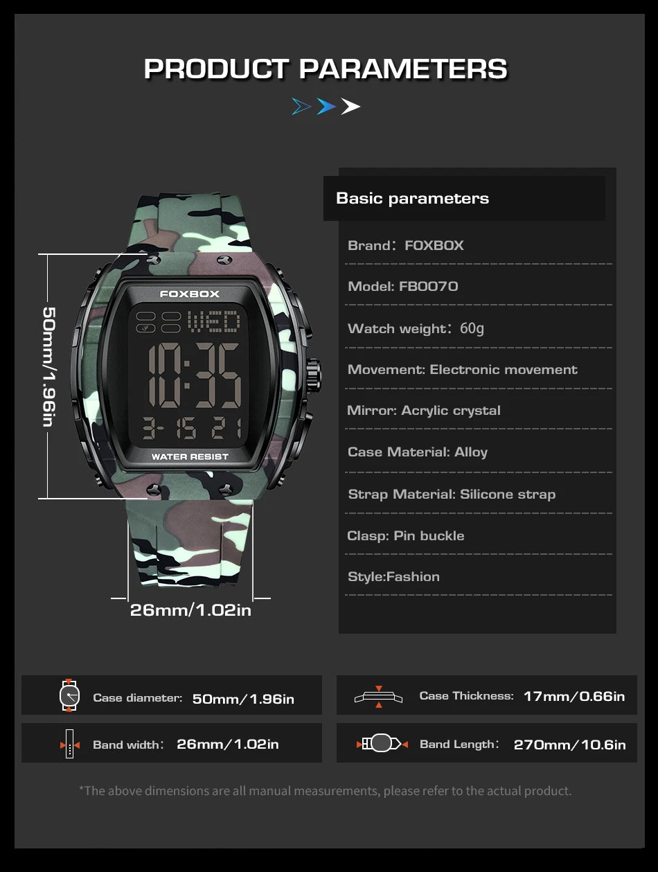 New Fashion FOXBOX Electronic Man Watch Outdoor Casual Sports Digital Clocks Waterproof Luminous Alarm Calendar Watches for Men