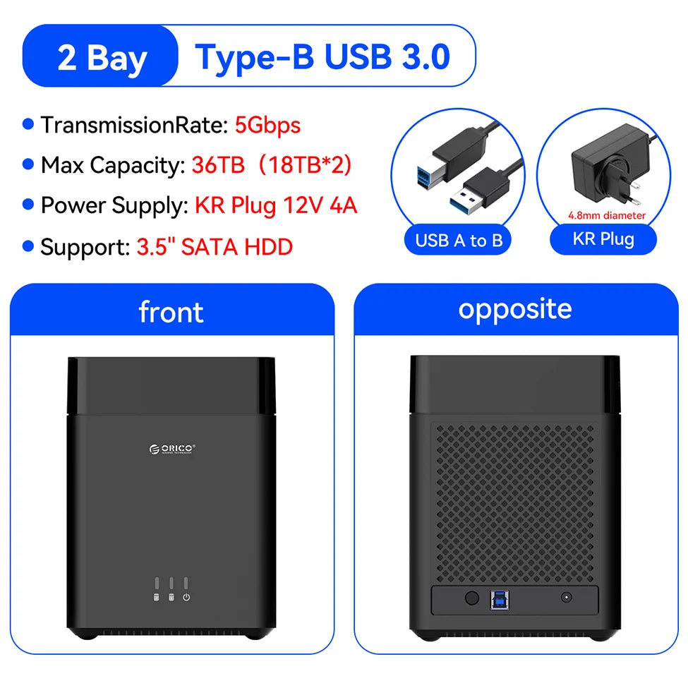 ORICO 2 Bay HDD Enclosure Hard Drive Case 3.5" SATA Docking Station USB 3.0 Type C DAS Storage Box 36TB Expansion for PC Laptop