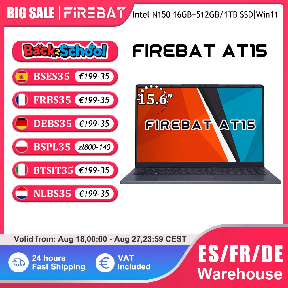Firebat Laptop AT15 15.6 Inch Intel N150 DDR4 16GB RAM 512GB 1TB SSD 1920*1080 Windows 11 Notebook Backlit Integrated Numpad