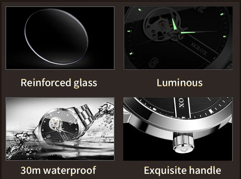 SKROX Elegant Luminous Waterproof Automatic Clockwork Tourbillon Skeleton Mechanical Men's Watch Mesh strap Luxury Wrist Watches