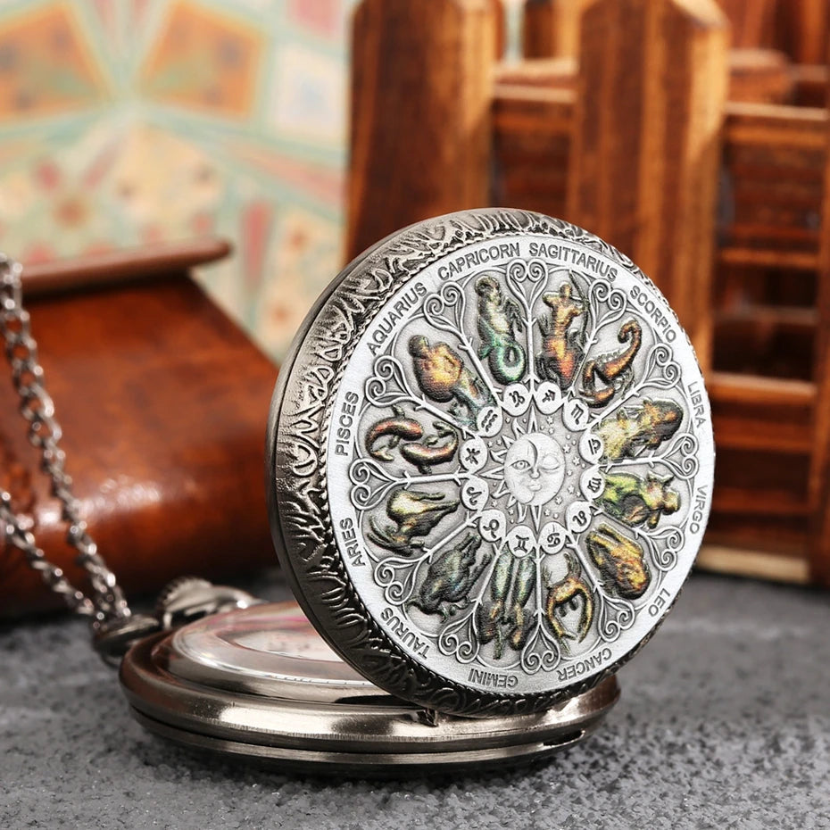 Retro Gray 12 Constellations Astrology Pattern Quartz Pocket Watch Necklace Chain Birthday Gifts Pendant Watch for Friend Unisex
