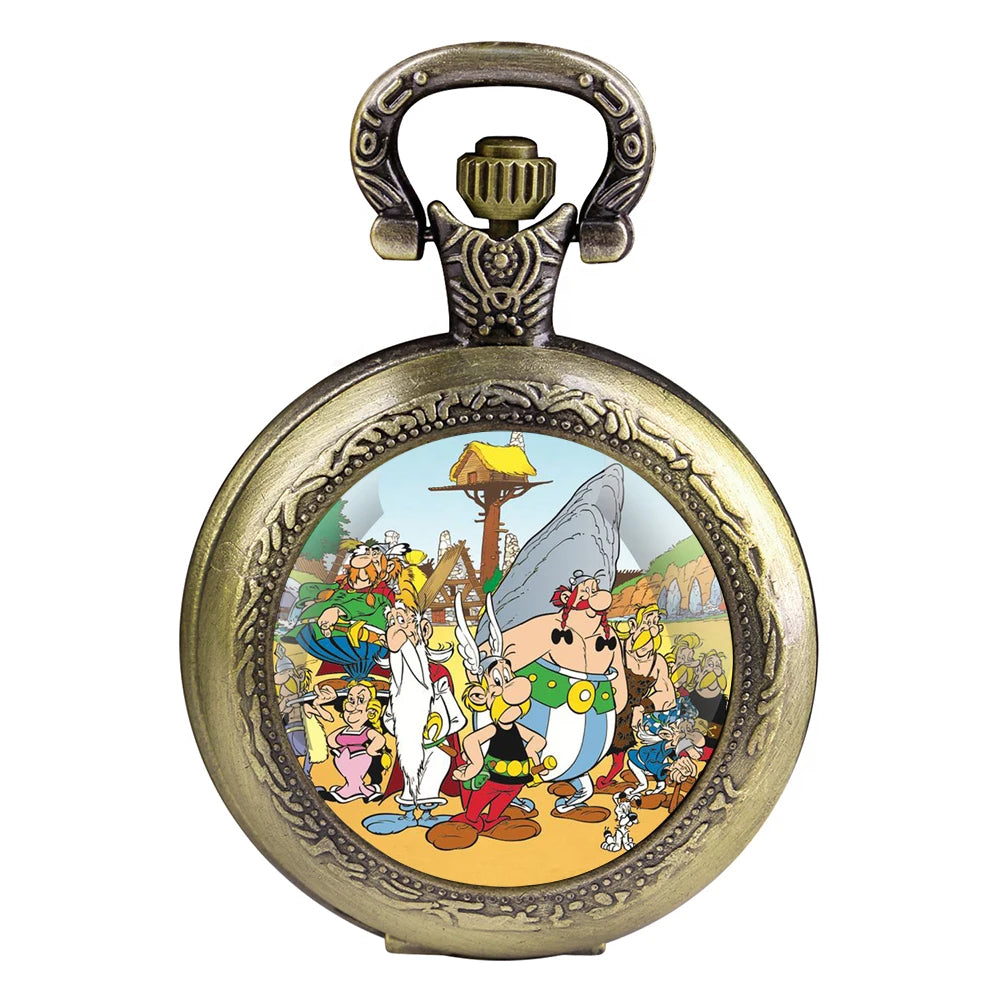Asterix Design Glass Dome Unisex Arabic Numerals Dial Quartz Pocket Watch Women Man Necklace Pendant Accessory with Chain Gift
