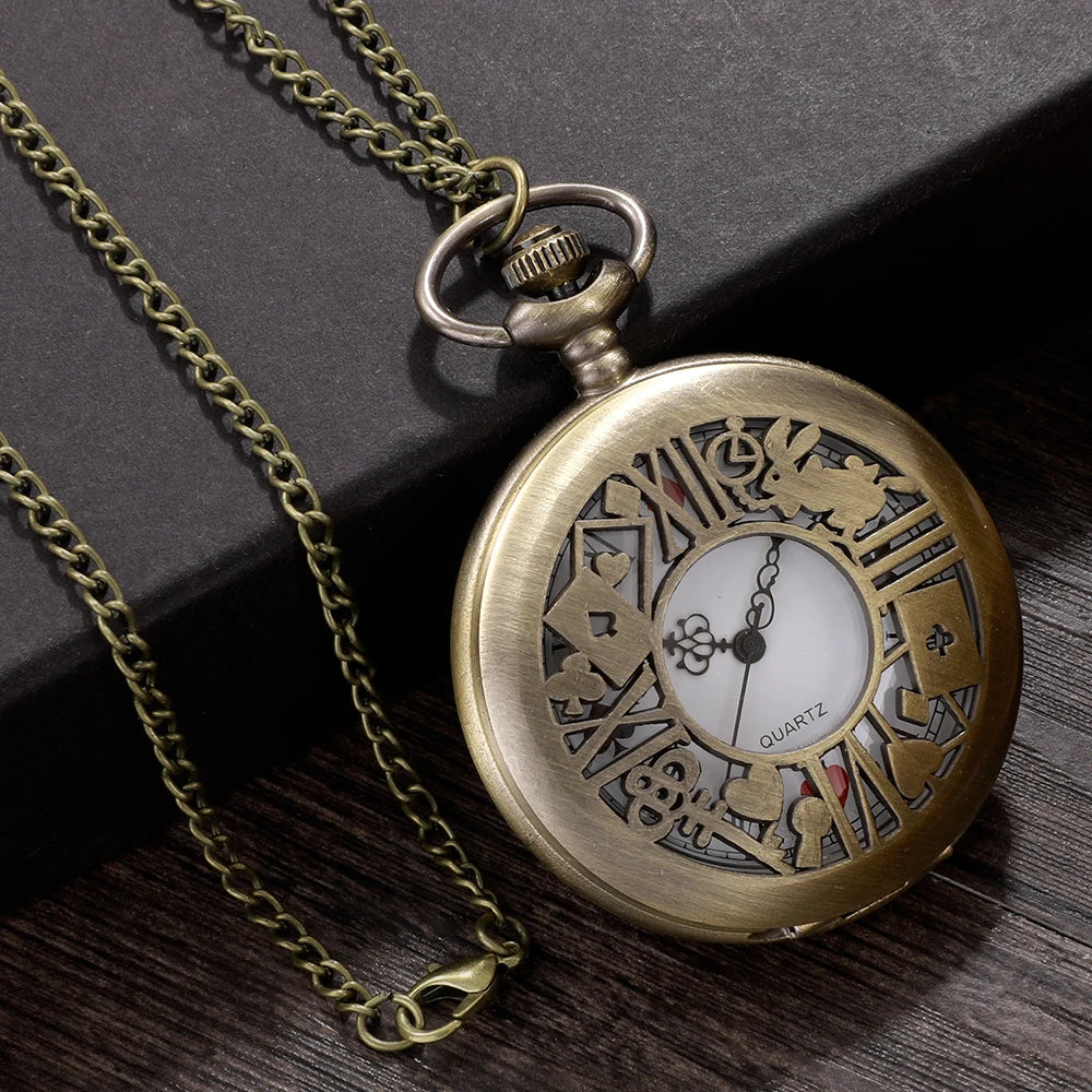 New Bronze Quartz Pocket Watch Retro Alice Theme Pocket Fob Watch Pendant Necklace Pocket Watch Men Womens Gift