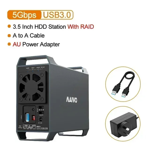 MAIWO 3.5" Dual Bay SATA HDD Hard Drive Enclosure with Cooling Fan for 4 Raid Modes USB 3.0 5Gbps 48TB Capacity Aluminum Alloy