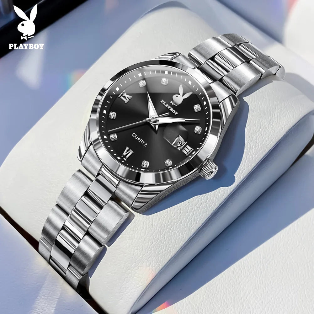 PLAYBOY New Original Luxury Women Watch Waterproof Calendar Luminous Stainless Steel Elegant Fashion Quartz Women's Wristwatch