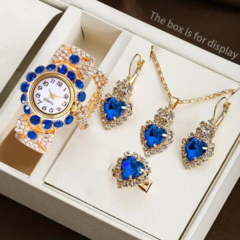 5PCS/Set Luxury Rhinestone Women Watches Fashion Adjustable Bangle Ladies Quartz Wristwatch Jewelry Set Reloj Mujer（Without Box）