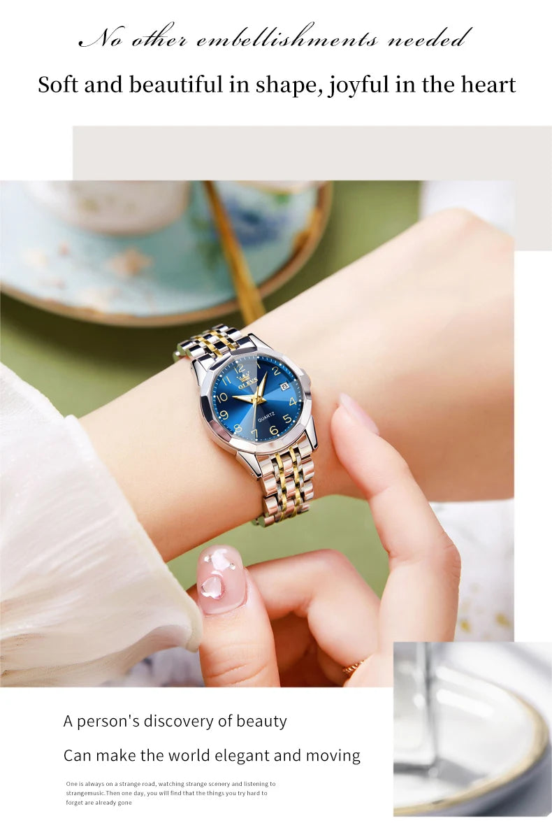 OLEVS 9970 Couple Watch Classic Digital Dial Stainless Steel Rhombus Mirror Luxury Top Quartz Watches for Men Women Lover's Gift