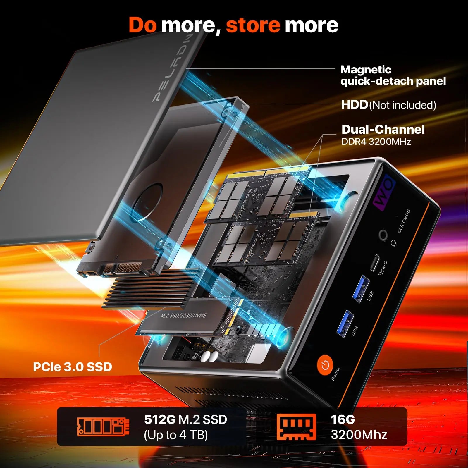 PELADN WO-4 Gaming Mini PC, AMD Ryzen 5 5600H (6C/12T, up to 4.2Ghz),32GB DDR4/1TB SSD,Type-C/DP/HD,WiFi6 4K/60Hz Triple-Display