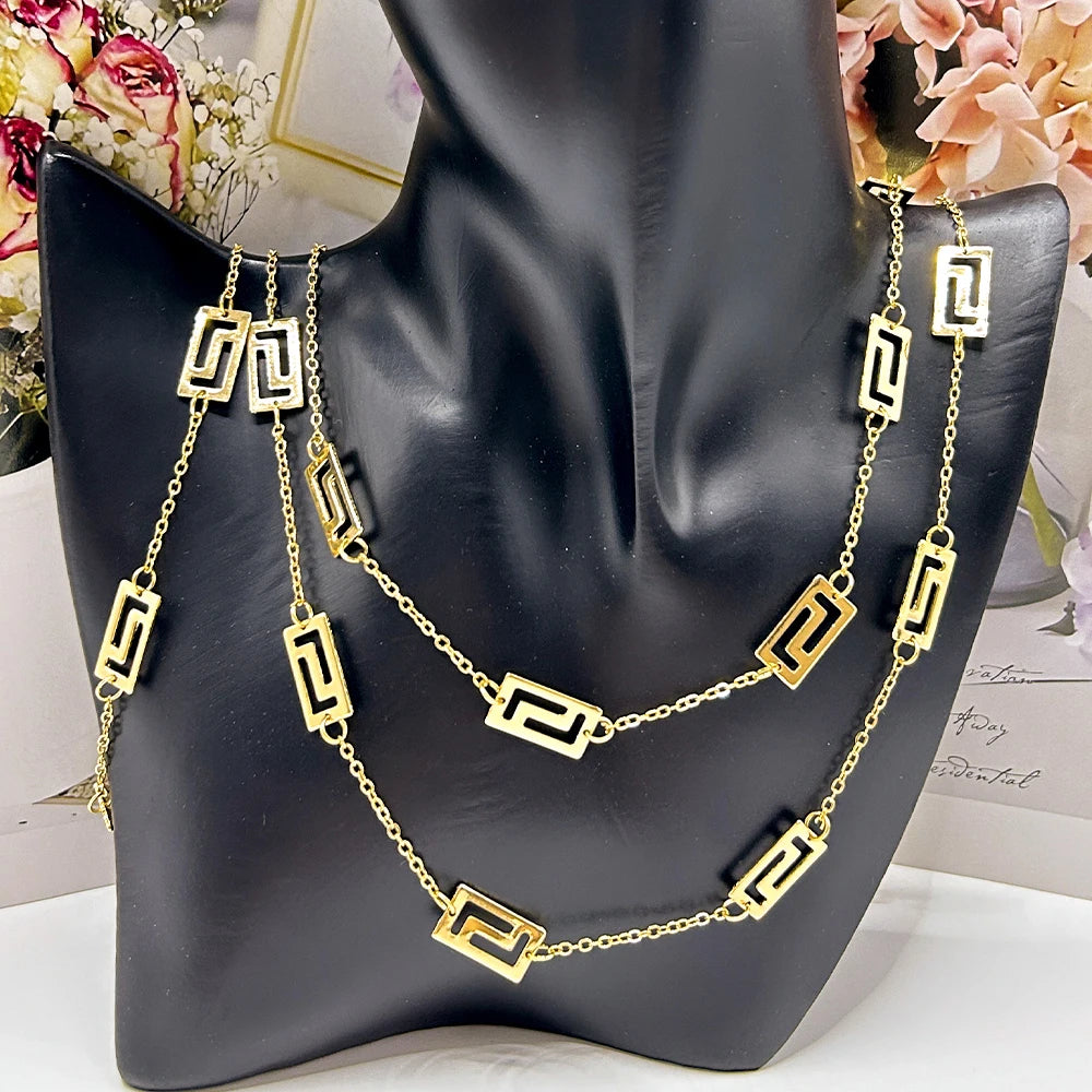 Fashion Long Chain Necklace with Bracelet Classic Gold Color Necklace for Women Trendy Bangles For Women Anniversary Party Gift