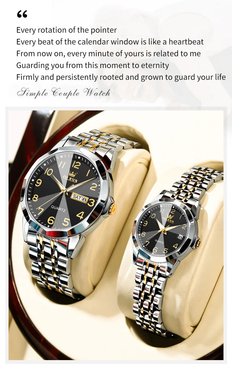 OLEVS 9970 Couple Watch Classic Digital Dial Stainless Steel Rhombus Mirror Luxury Top Quartz Watches for Men Women Lover's Gift